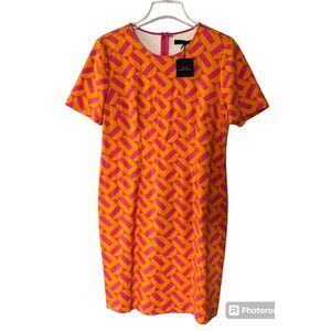 NWT Trina Turk Women's Shift Dress Size Large Orange Pink Geometric Short Sleeve